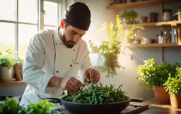 the chef is cutting up the greens on a plate