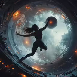 a woman holding a ball and floating in the air