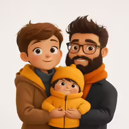 a family posing for a selfie in a studio environment