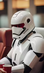 a star wars helmet is sitting at a table with a mug