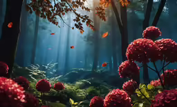 a forest filled with lots of red flowers