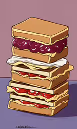four large stacked sandwiches sit on top of each other,a very large stack of sandwiches sitting on top of each other