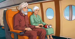 an old man and a woman on a train,an old couple sitting on a plane in the sun