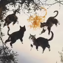 there are three cats jumping and playing with each other