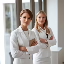 two women standing in front of windows in business attire