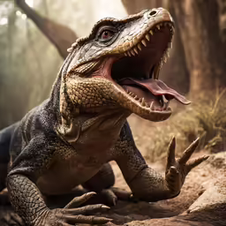 a very big dinosaur is with its mouth open