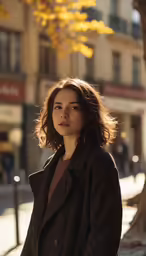 a woman in a black coat is looking forward