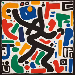 a painting that looks like a black person with a white, blue, orange and red background