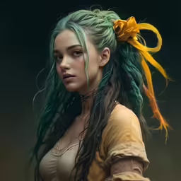 a woman with a green and yellow long braid