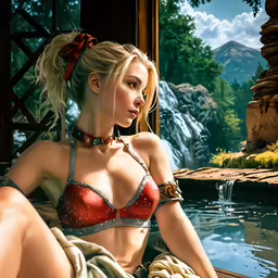 a pretty young lady in a red bikini sitting next to a pool