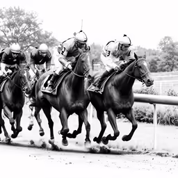 five horses race during a race on the track