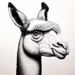 a white llama looks intently into the camera lens