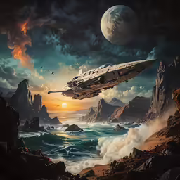 an illustration of a flying boat on the ocean near some rocks