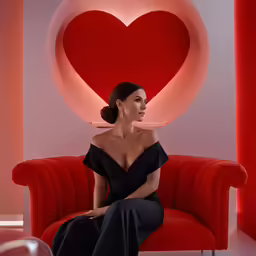 woman sitting in red room with large heart sculpture behind her