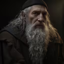an old man with grey hair and beard wearing black hat and coat