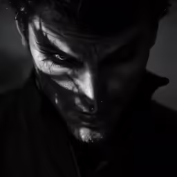 an evil looking man wearing a collared shirt
