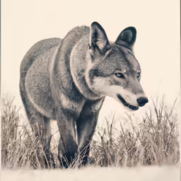 a wolf in the grass looking back at the ground