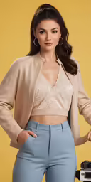 a girl wearing a pink crop top and blue pants