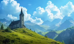 a painting of a church on top of a green mountain