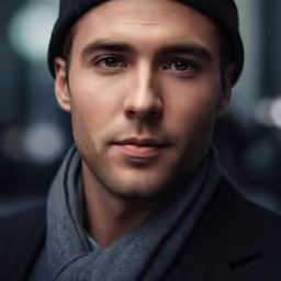 a man in a hat, scarf and coat poses for a portrait
