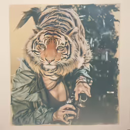 a vintage photo of a man holding an old camera and a tiger in the background