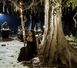 a woman sitting on a bench in front of a tree with her hand near her face