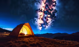 an illuminated tent in the middle of a mountain,an open tent with an incredible night sky and stars above it