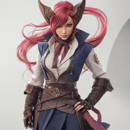 a woman with pink hair and big horns is standing