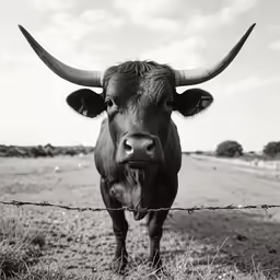 a bull with long horns standing in front of a barbed wire fence