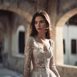 a woman wearing a wedding gown with long sleeves