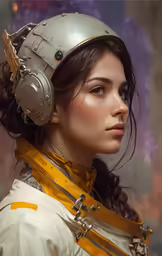 a beautiful woman wearing a futuristic helmet and yellow scarf