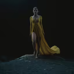 a woman in a yellow gown stands on a rock