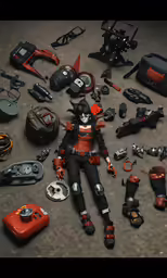 a group of different types of toys, including a woman with a gun and gear