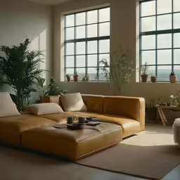 a room with many plants and two huge windows