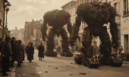 a group of people walking next to tall mechanical suits