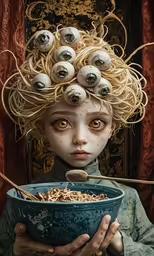a girl holding a bowl filled with eyes and noodles