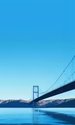 a bridge is near some mountains and the water