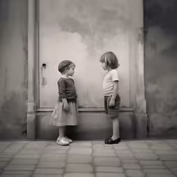 a couple of little girls that are next to each other,two little kids stand looking in each others eyes