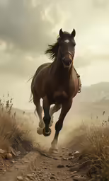 a horse gallops across a dirt path during sunset