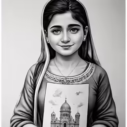 a girl holding an image of a church