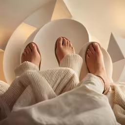the woman is laying on her side and has her feet up