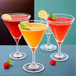 three glasses filled with different colored liquids