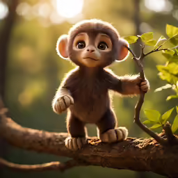 monkey with hand on tree branch, on sunny day