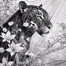 a tiger in a black and white photo with flowers