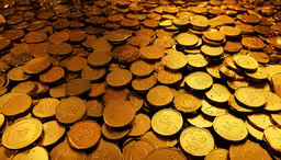 many golden coins stacked up in rows,gold coins sitting side by side on a counter