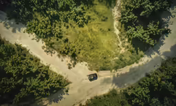 an overhead shot of a forest and road