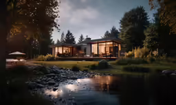 a house on a large lot with grass and water