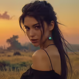 a beautiful woman standing in the middle of a field