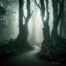 a pathway through the woods leading towards a light