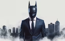 a man in a suit and tie in the foreground is an image of a batman on his chest